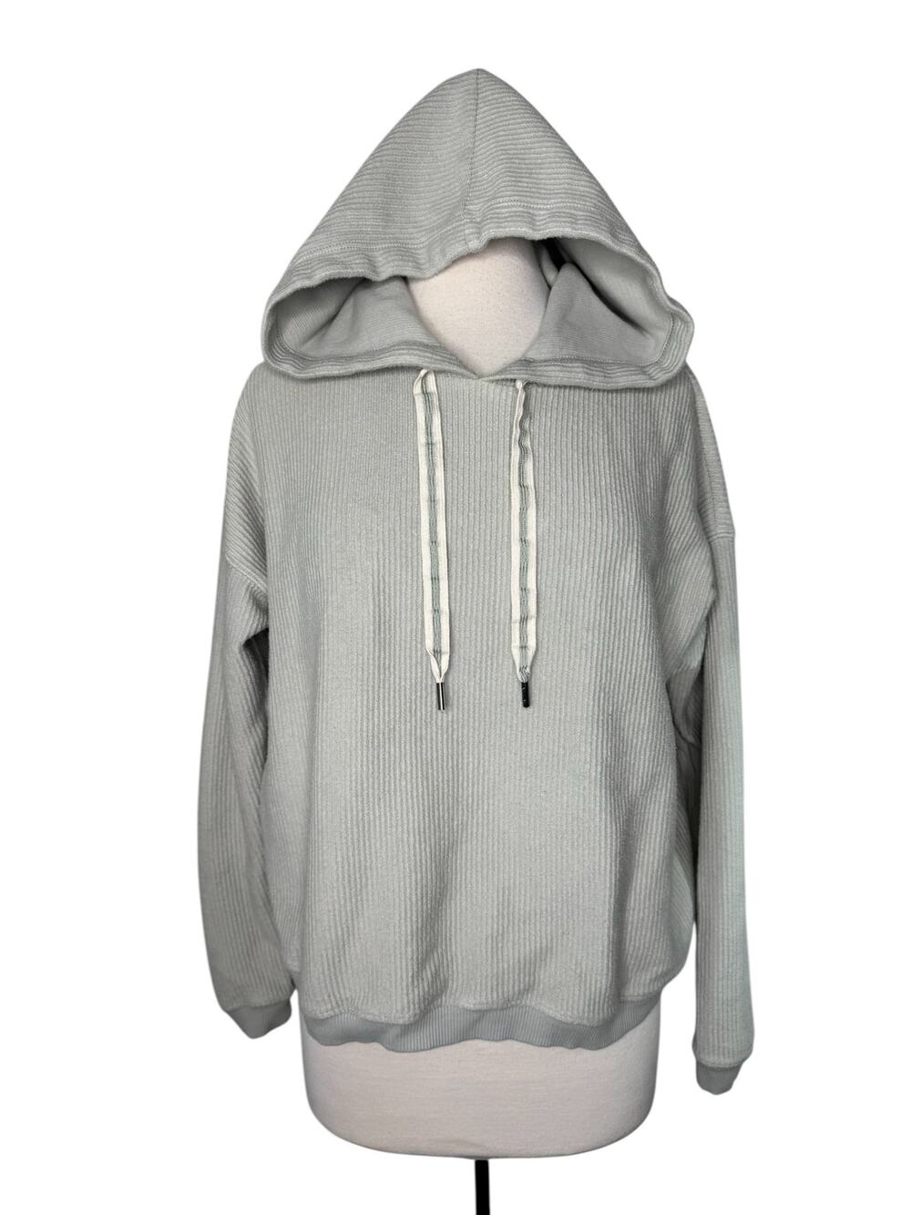 AERIE AE Ribbed Crop Hoodie in Light Blue Size Medium Womens Relaxed Drawstring
